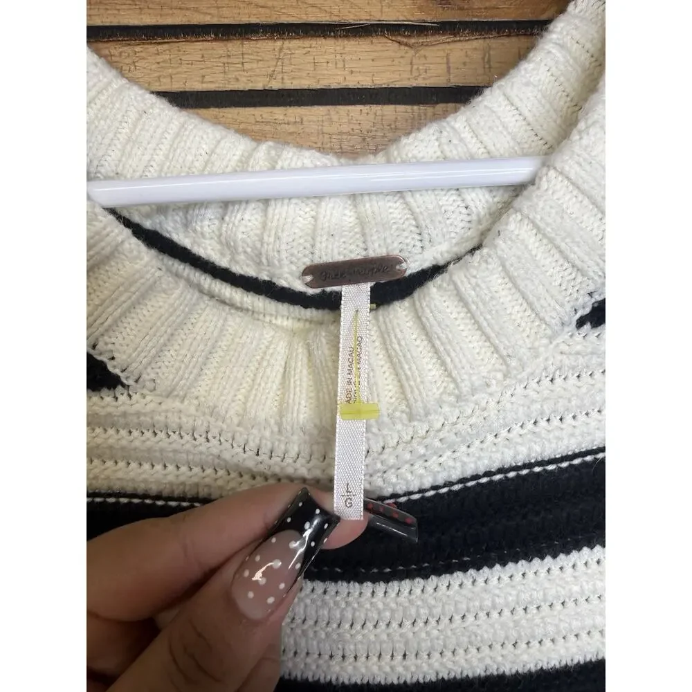 Free People Black Ivory Striped Knit Sweater Size L Large Oversized Relaxed Fit